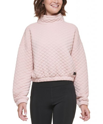 Women's Quilted Jacquard Mock-Neck Long-Sleeve Crop Top With Elastic Hem Pink $20.59 Sweatshirts