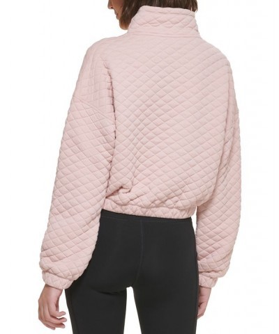 Women's Quilted Jacquard Mock-Neck Long-Sleeve Crop Top With Elastic Hem Pink $20.59 Sweatshirts