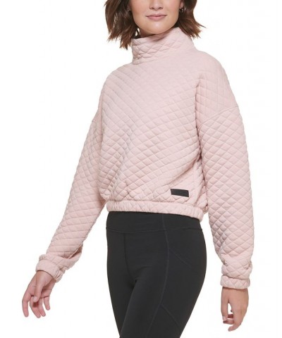 Women's Quilted Jacquard Mock-Neck Long-Sleeve Crop Top With Elastic Hem Pink $20.59 Sweatshirts