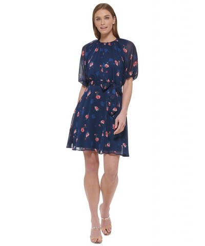 Women's Floral-Print Chiffon Puff-Sleeve Belted Dress Navy/Melon $54.72 Dresses