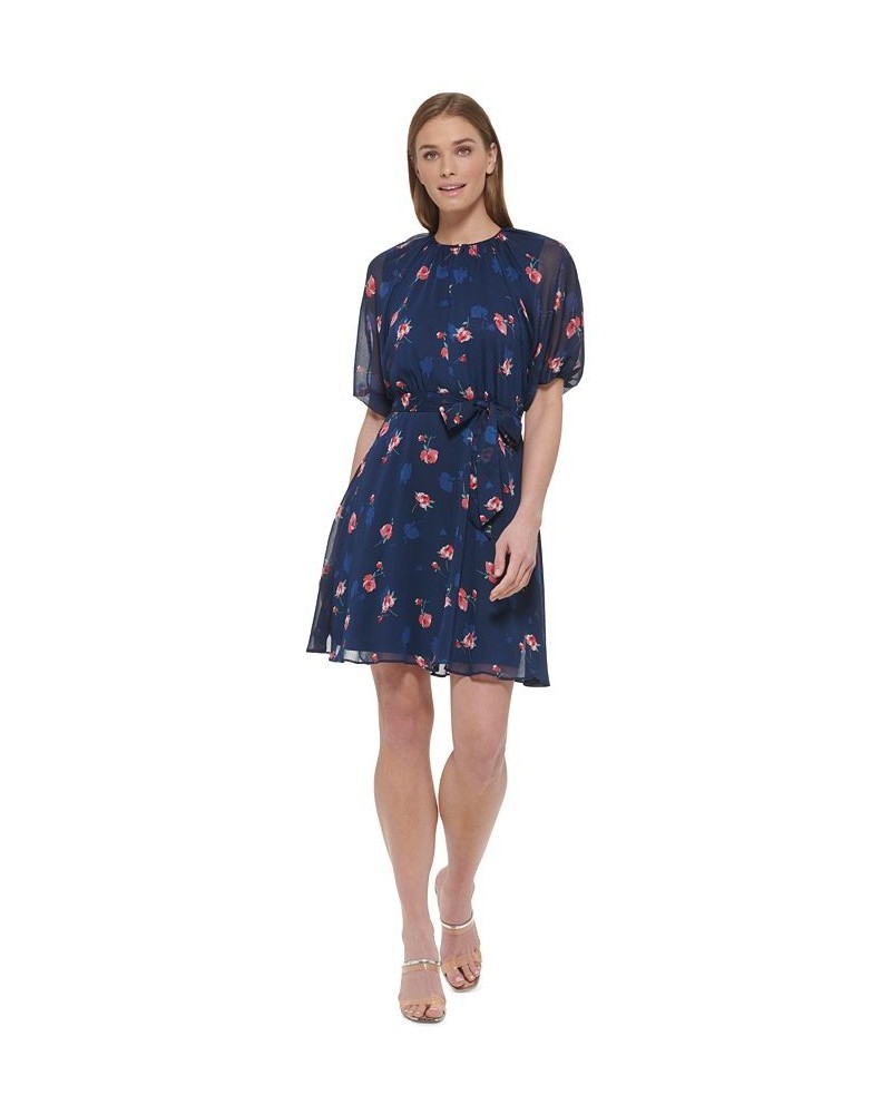 Women's Floral-Print Chiffon Puff-Sleeve Belted Dress Navy/Melon $54.72 Dresses