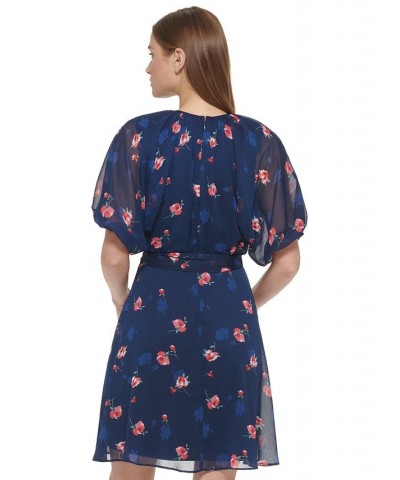 Women's Floral-Print Chiffon Puff-Sleeve Belted Dress Navy/Melon $54.72 Dresses