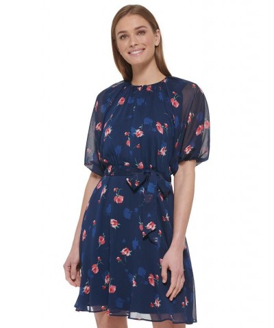 Women's Floral-Print Chiffon Puff-Sleeve Belted Dress Navy/Melon $54.72 Dresses