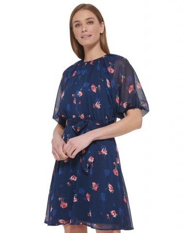 Women's Floral-Print Chiffon Puff-Sleeve Belted Dress Navy/Melon $54.72 Dresses