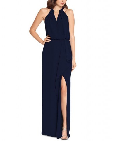 Hardware-Trim Halter Gown Navy $85.69 Dresses