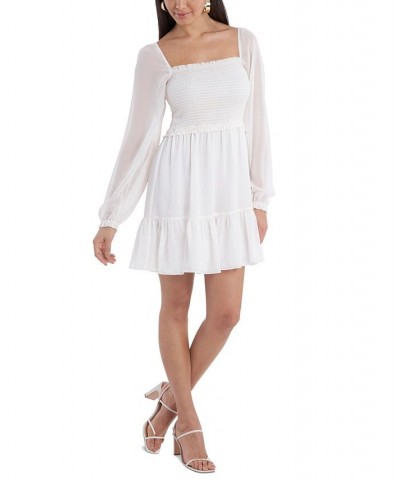 Women's Smocked Ruffle Hem Long Sleeve Dress Soft Ecru $26.78 Dresses