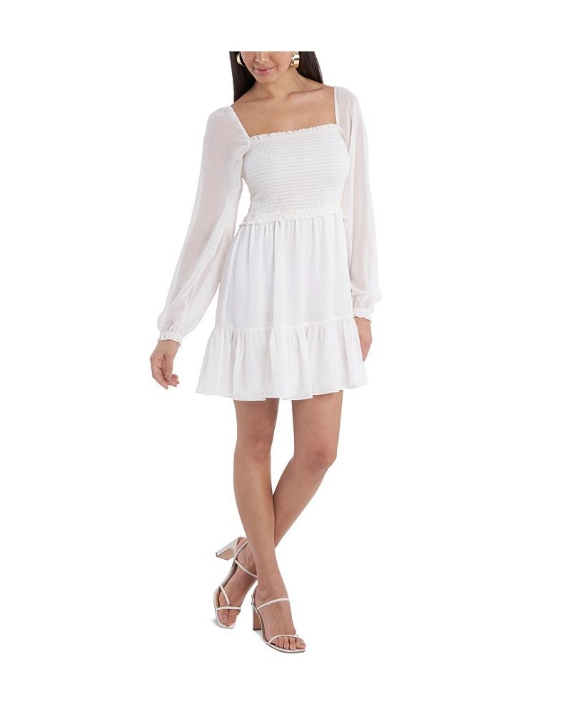 Women's Smocked Ruffle Hem Long Sleeve Dress Soft Ecru $26.78 Dresses