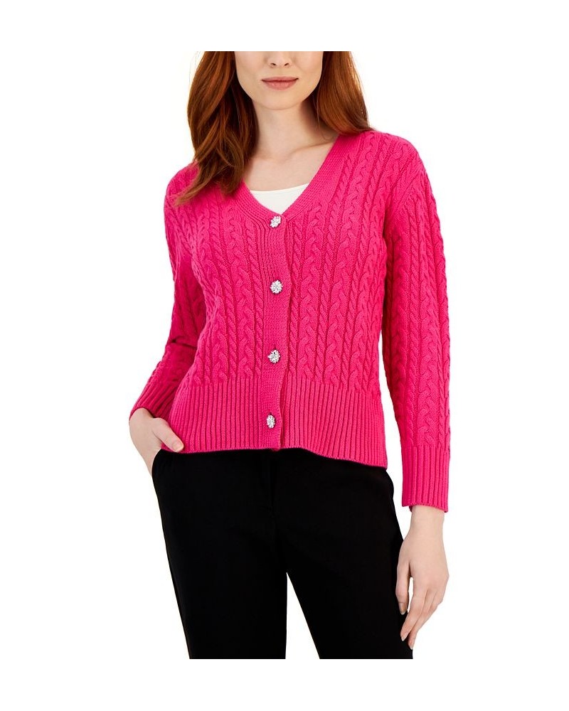 Women's Cable-Knit Jewel-Button Cardigan Pink $49.50 Sweaters