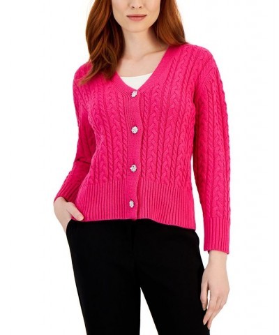 Women's Cable-Knit Jewel-Button Cardigan Pink $49.50 Sweaters