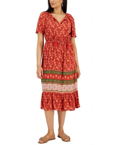 Women's Split-Neck Midi Peasant Dress Blooming Coral $36.84 Dresses