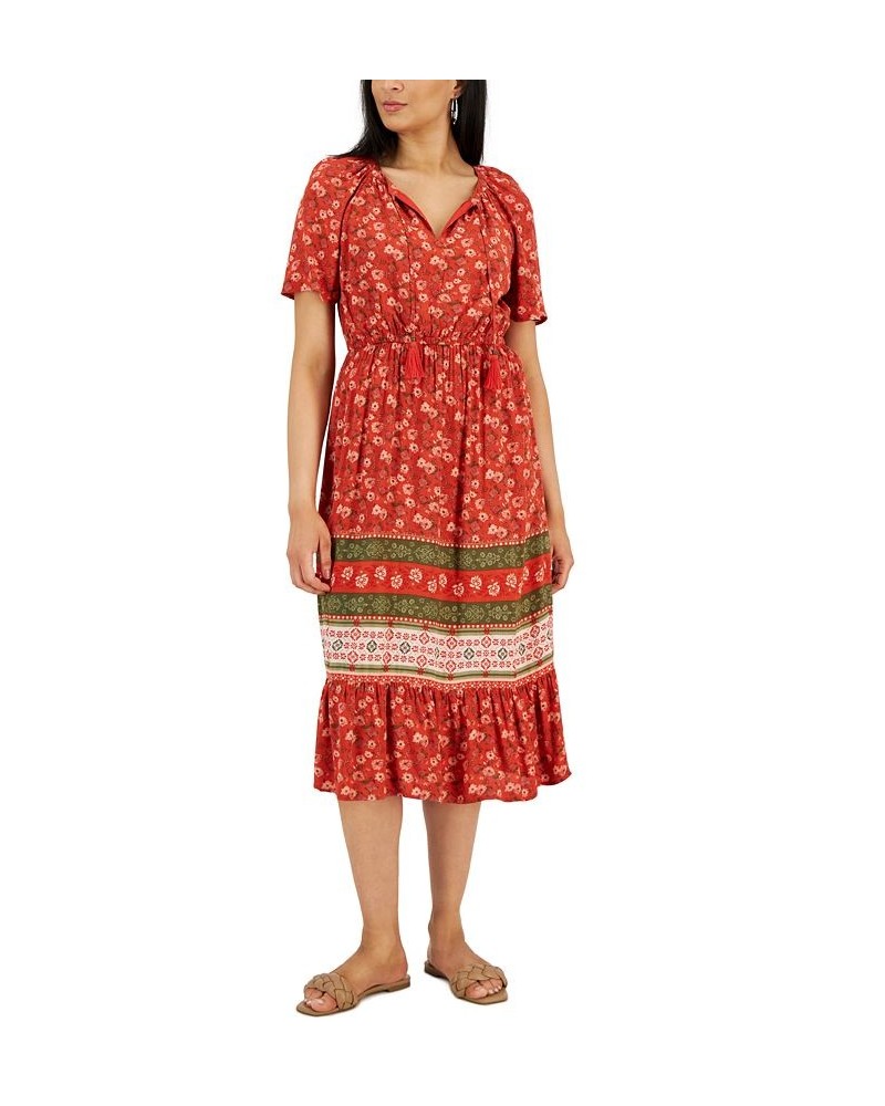 Women's Split-Neck Midi Peasant Dress Blooming Coral $36.84 Dresses