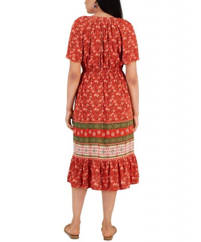 Women's Split-Neck Midi Peasant Dress Blooming Coral $36.84 Dresses