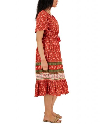 Women's Split-Neck Midi Peasant Dress Blooming Coral $36.84 Dresses