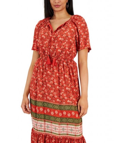 Women's Split-Neck Midi Peasant Dress Blooming Coral $36.84 Dresses