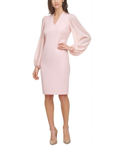 Women's Balloon-Sleeve Mixed-Media Dress Pink $36.49 Dresses