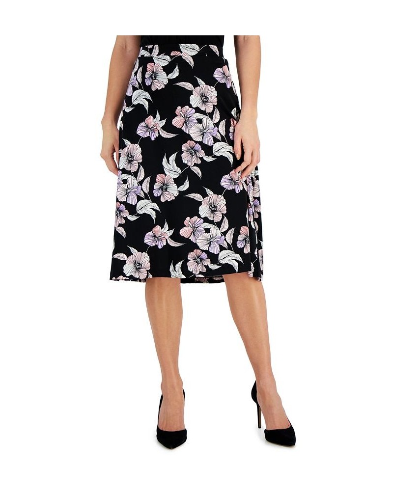 Women's Floral-Print Pull-On Midi Flare Skirt Black Multi $23.31 Skirts