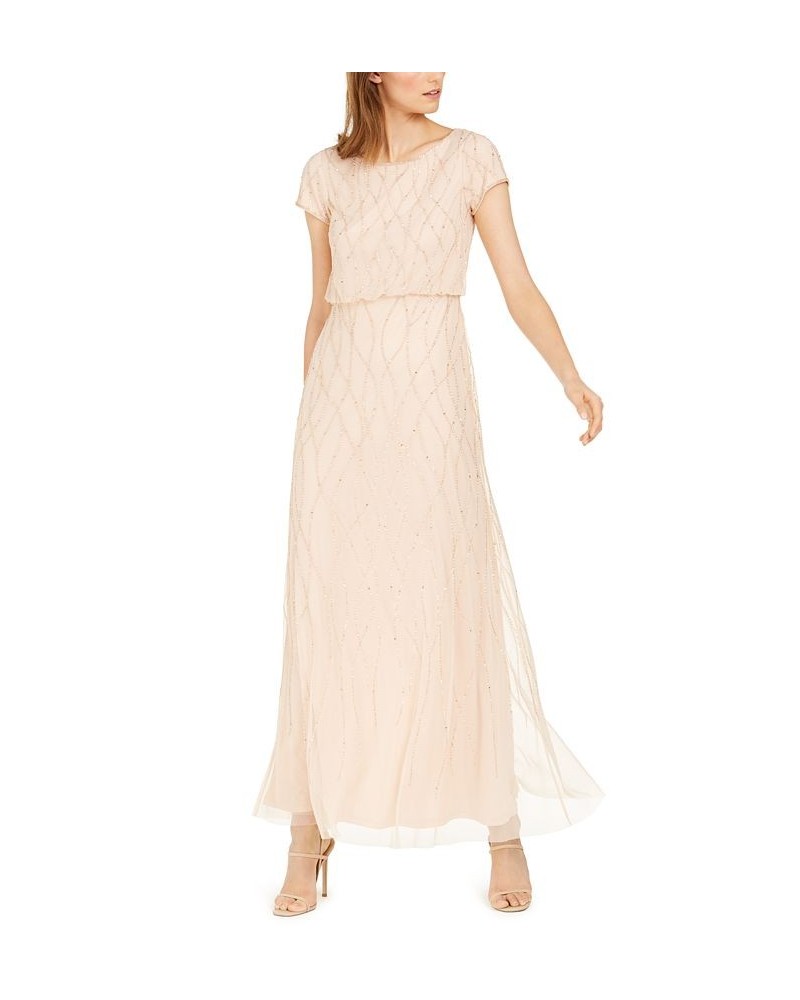 Women's Short Sleeve Embellished Overlay Gown Tan/Beige $64.79 Dresses