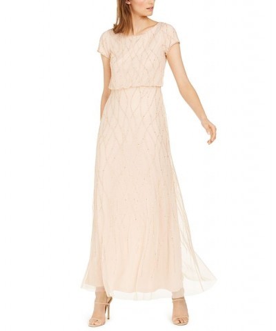 Women's Short Sleeve Embellished Overlay Gown Tan/Beige $64.79 Dresses