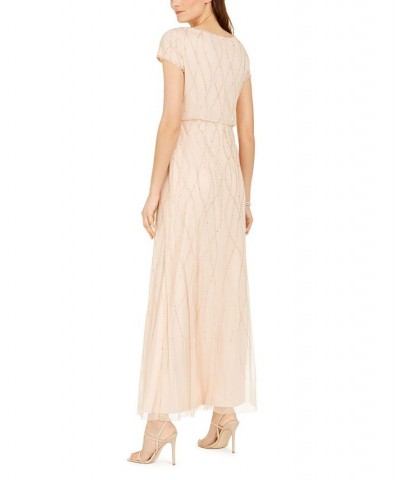 Women's Short Sleeve Embellished Overlay Gown Tan/Beige $64.79 Dresses