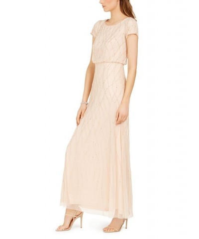 Women's Short Sleeve Embellished Overlay Gown Tan/Beige $64.79 Dresses