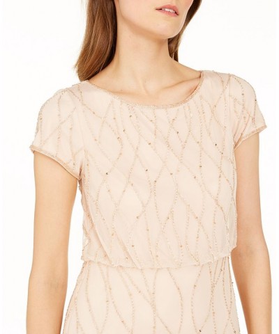 Women's Short Sleeve Embellished Overlay Gown Tan/Beige $64.79 Dresses