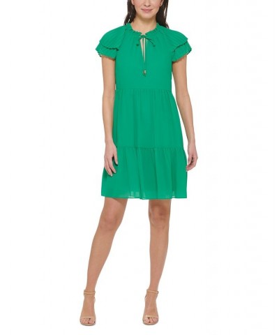 Women's Jewel-Neck Pleat-Sleeve Dress Green $71.04 Dresses
