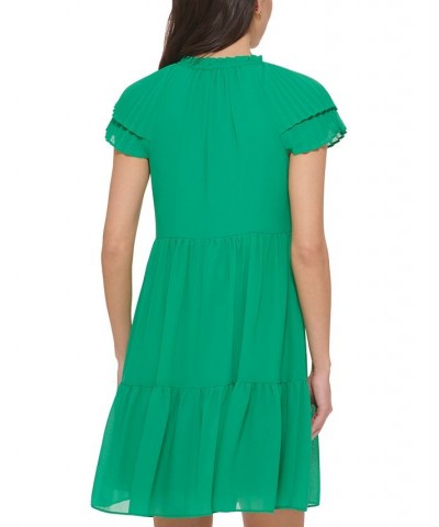 Women's Jewel-Neck Pleat-Sleeve Dress Green $71.04 Dresses