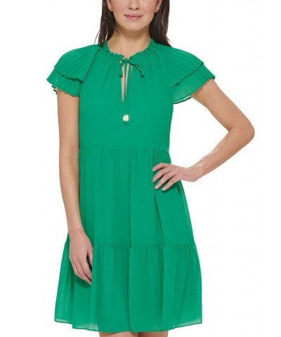 Women's Jewel-Neck Pleat-Sleeve Dress Green $71.04 Dresses