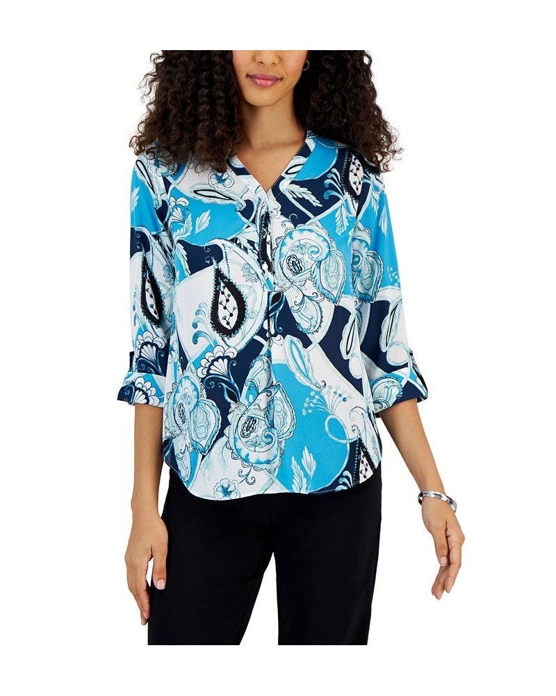 Petite Printed Henley-Neck 3/4-Sleeve Top Blue $15.38 Tops