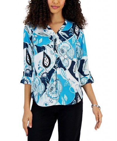 Petite Printed Henley-Neck 3/4-Sleeve Top Blue $15.38 Tops