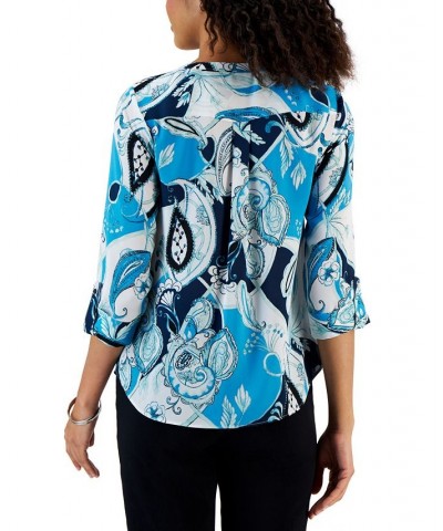 Petite Printed Henley-Neck 3/4-Sleeve Top Blue $15.38 Tops