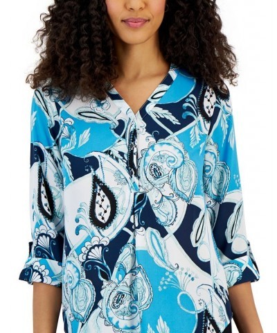 Petite Printed Henley-Neck 3/4-Sleeve Top Blue $15.38 Tops