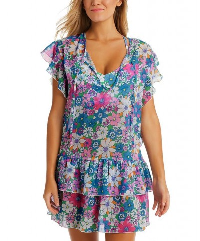 Women's Printed Crazy Daisy Tiered Flutter-Sleeve Tie-Neck Swim Cover-Up Multi $44.16 Swimsuits