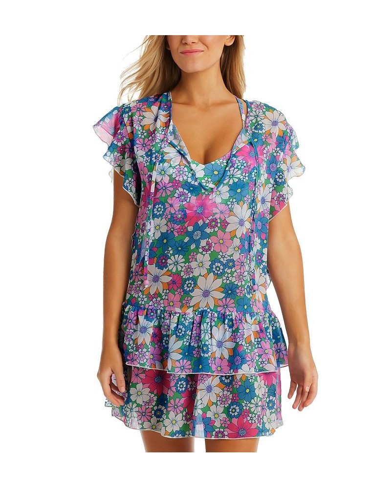 Women's Printed Crazy Daisy Tiered Flutter-Sleeve Tie-Neck Swim Cover-Up Multi $44.16 Swimsuits