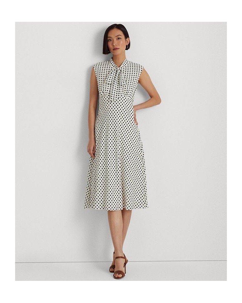 Women's Polka-Dot Tie-Neck Georgette Dress Cream/Navy $75.95 Dresses