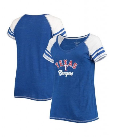 Women's Royal Texas Rangers Curvy Colorblock Tri-Blend Raglan V-Neck T-shirt Royal $33.59 Tops