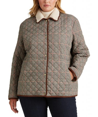 Women's Plus Size Faux-Sherpa-Collar Quilted Coat Box Houndstooth $83.60 Coats