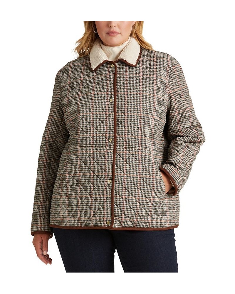 Women's Plus Size Faux-Sherpa-Collar Quilted Coat Box Houndstooth $83.60 Coats