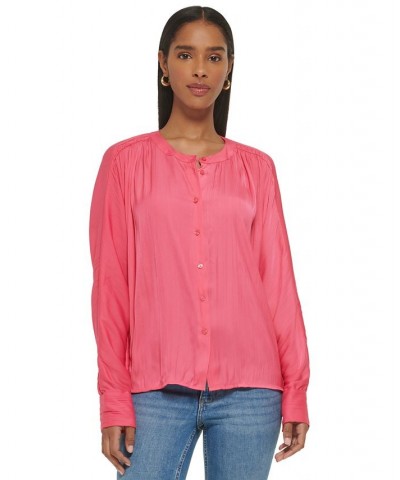 Women's Gathered Dolman-Sleeve Button-Front Blouse Pink $49.75 Tops