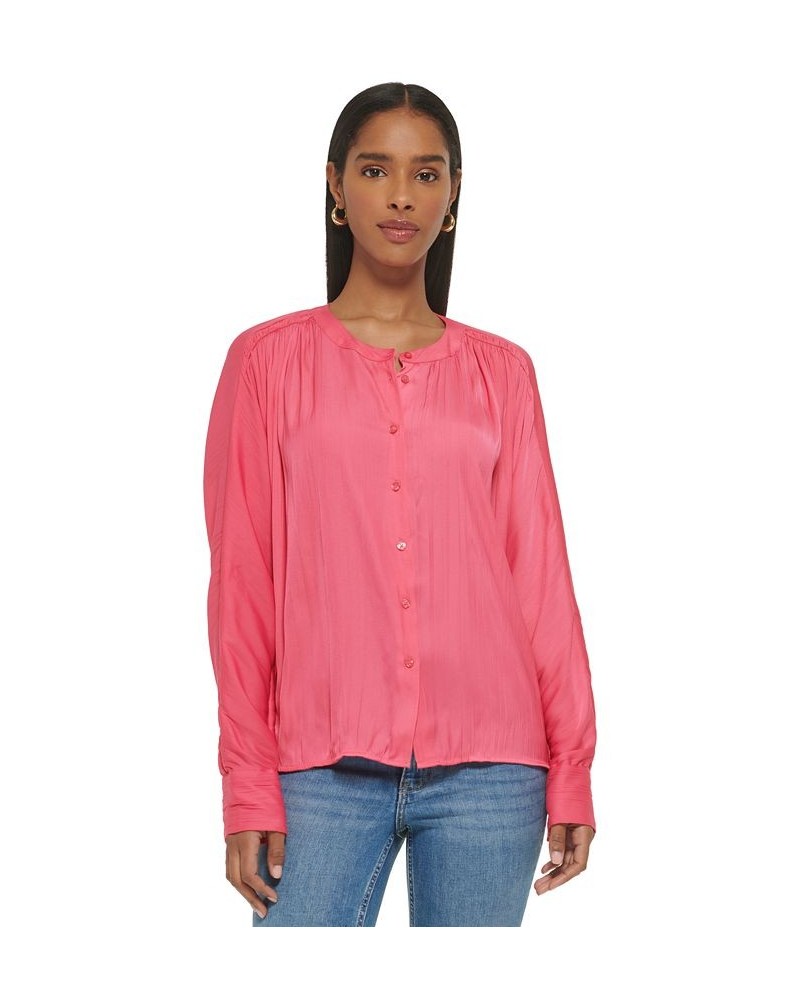 Women's Gathered Dolman-Sleeve Button-Front Blouse Pink $49.75 Tops