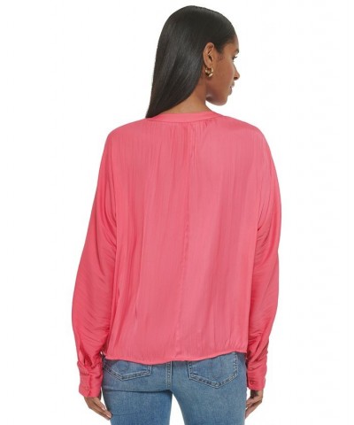 Women's Gathered Dolman-Sleeve Button-Front Blouse Pink $49.75 Tops