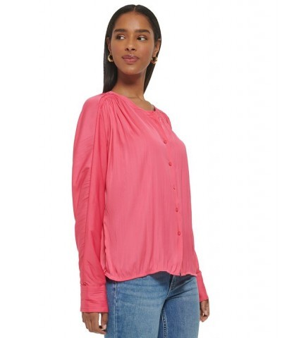 Women's Gathered Dolman-Sleeve Button-Front Blouse Pink $49.75 Tops