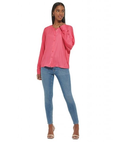 Women's Gathered Dolman-Sleeve Button-Front Blouse Pink $49.75 Tops