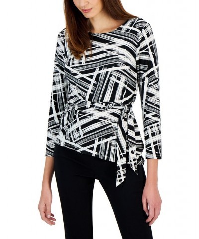 Petite Crewneck 3/4-Sleeve Side-Tie Top Black / Vanilla Ice $22.62 Tops