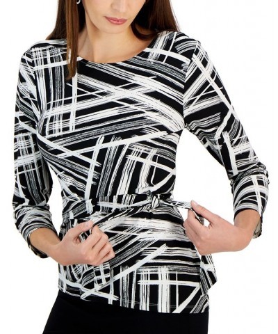 Petite Crewneck 3/4-Sleeve Side-Tie Top Black / Vanilla Ice $22.62 Tops