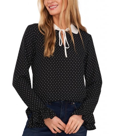 Women's Contrast-Collar Dotted Ruffled-Cuff Blouse Rich Black $33.87 Tops