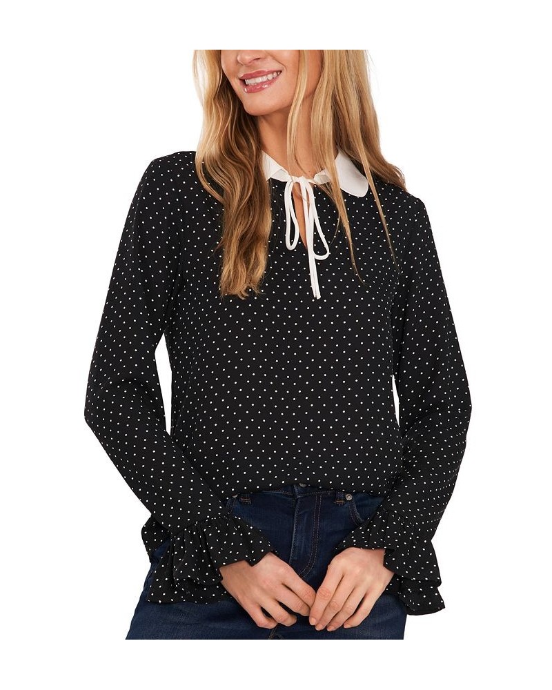 Women's Contrast-Collar Dotted Ruffled-Cuff Blouse Rich Black $33.87 Tops