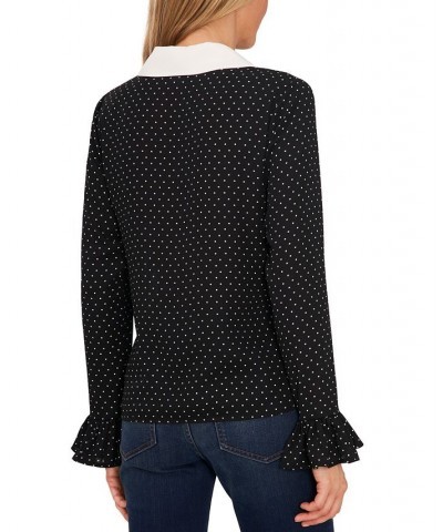 Women's Contrast-Collar Dotted Ruffled-Cuff Blouse Rich Black $33.87 Tops