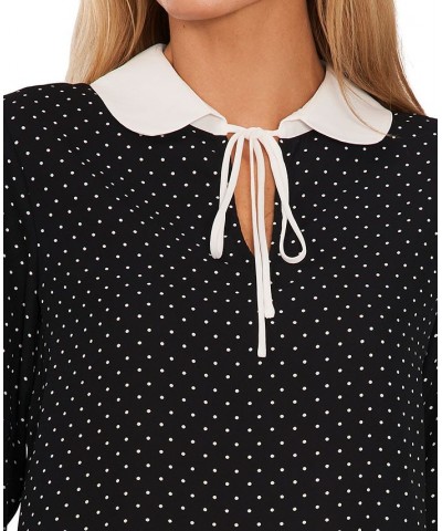 Women's Contrast-Collar Dotted Ruffled-Cuff Blouse Rich Black $33.87 Tops