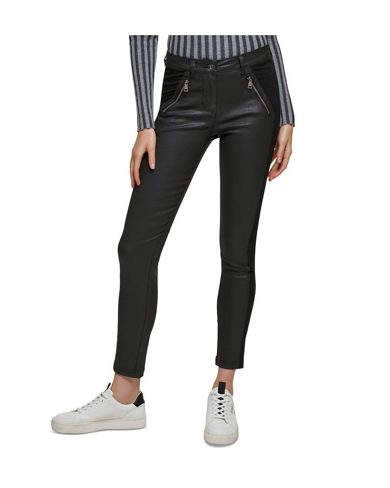 Women's Coated Mixed-Media Skinny Moto Pants Black $33.60 Pants